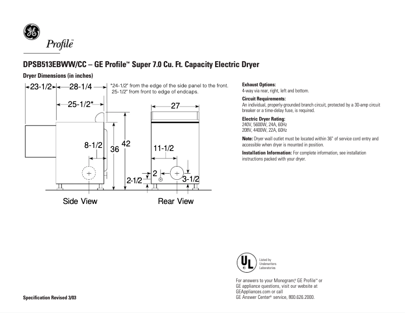 Image de la première page du manuel de l'appareil Profile DPSB513EBWW