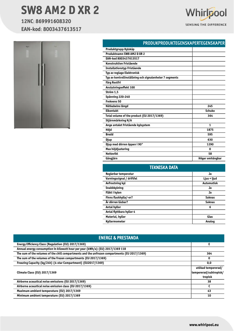 Page 1 de la notice Fiche technique Whirlpool SW8 AM2 D XR 2