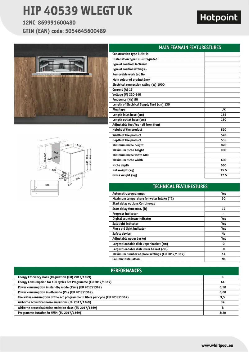 Page 1 of the manual Technical Sheet Hotpoint HIP 4O539 WLEGT UK
