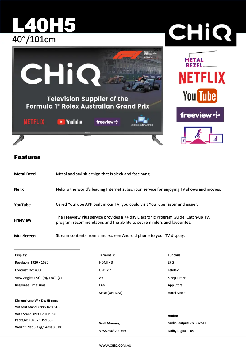 Page 1 de la notice Fiche technique CHiQ L40H5