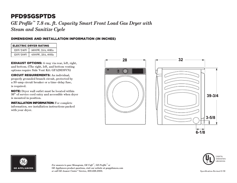 Page 1 de la notice Fiche technique GE Profile PFD95GSPTDS