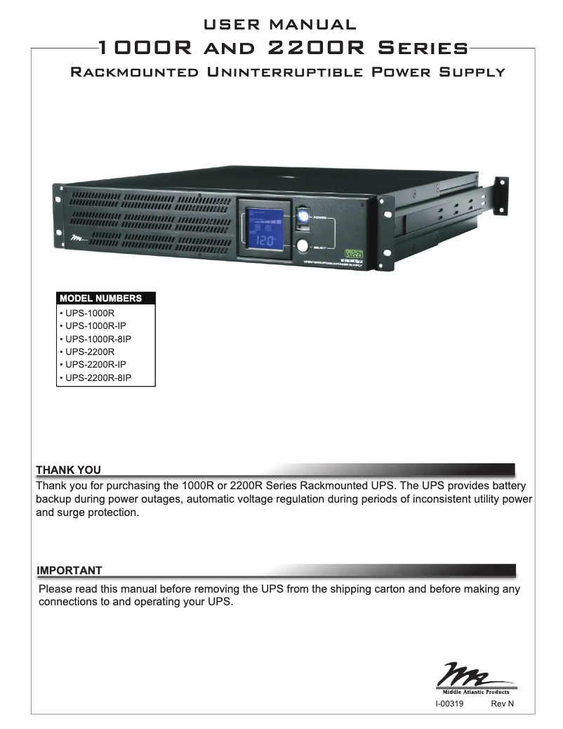 Page 1 de la notice Manuel utilisateur Middle Atlantic UPS-1000R
