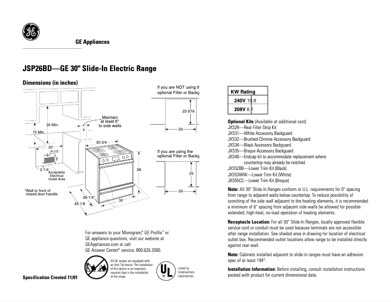 Page n°1 - Fiche technique GE JSP26BDCT