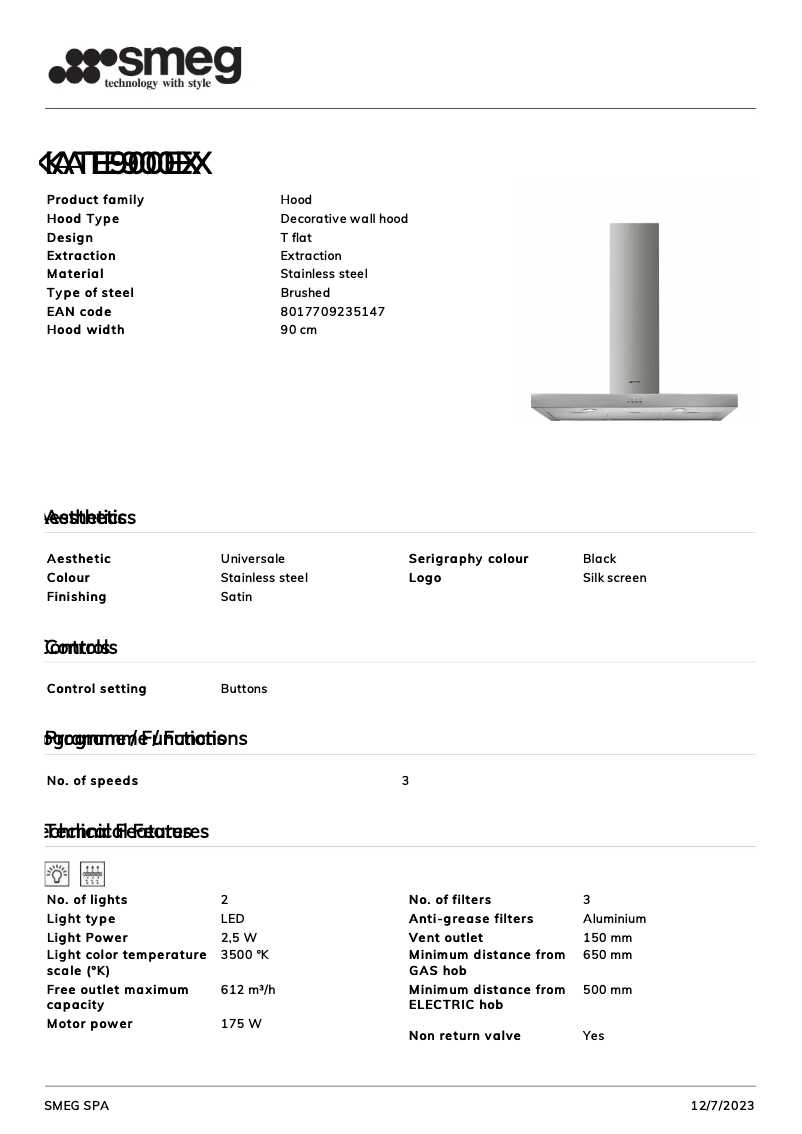 Page n°1 - Fiche technique Smeg KATE900EX