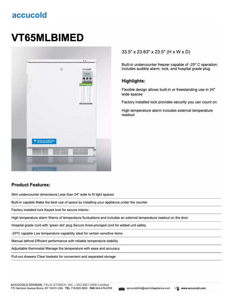 Page 1 de la notice Fiche technique Summit Accucold VT65MLBIMED