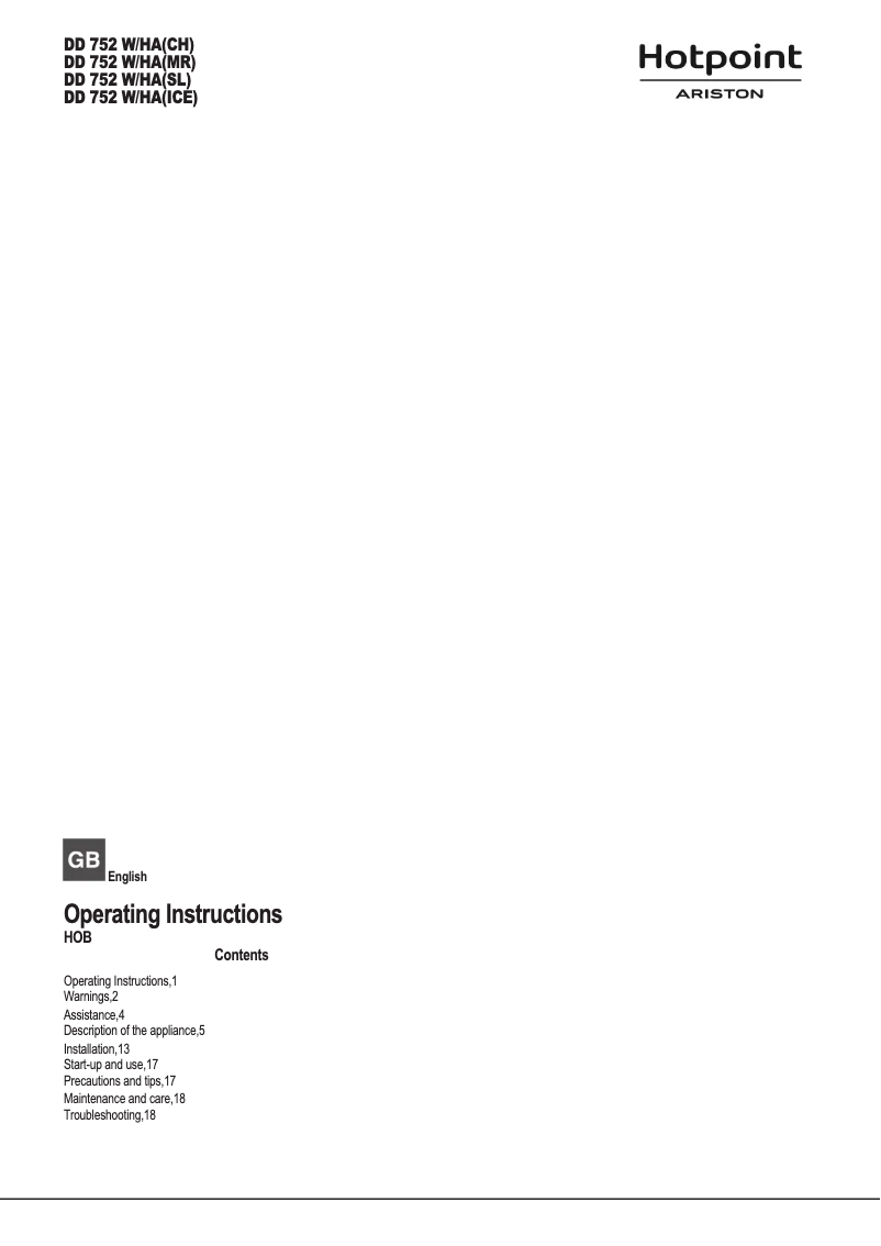 Page 1 de la notice Manuel utilisateur Hotpoint Ariston DD 752 W/HA(MR)