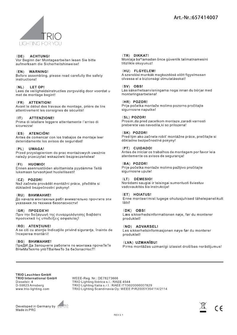 Page 1 de la notice Manuel utilisateur Trio Lighting Griffin 657414007