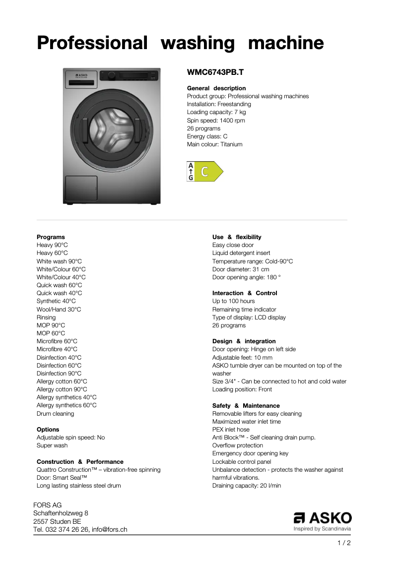 Page n°1 - Fiche technique Asko WMC6743PB