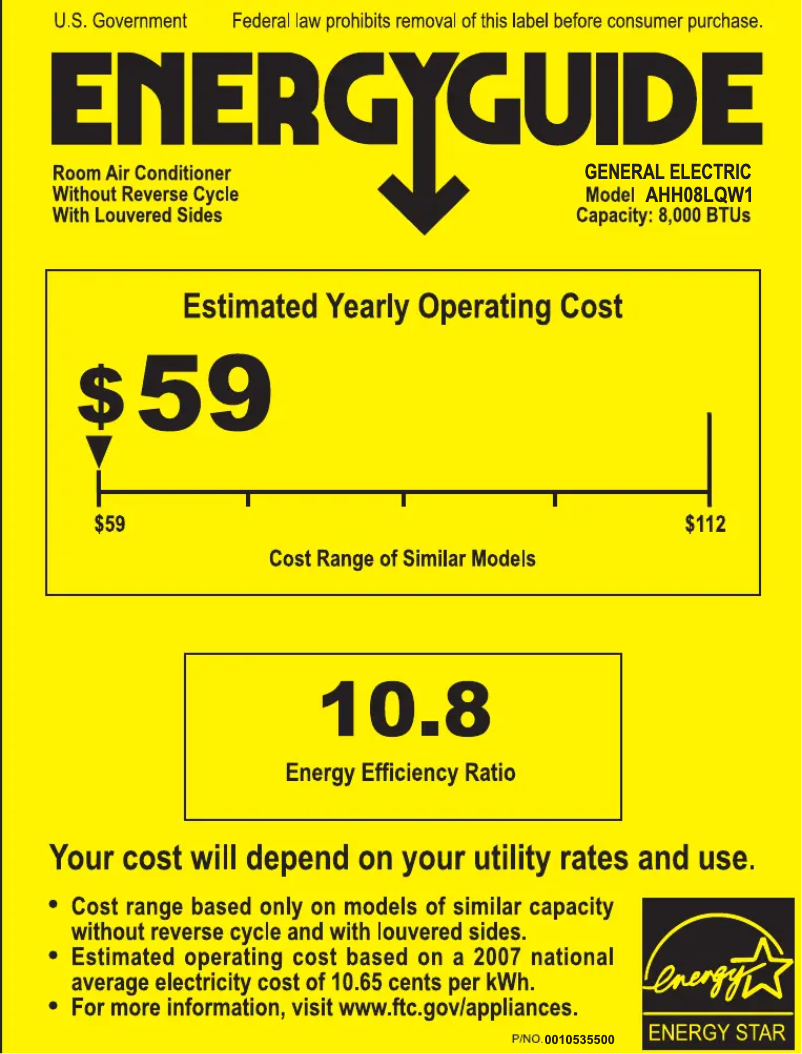 Page 1 de la notice Label énergétique GE AHH08LQ