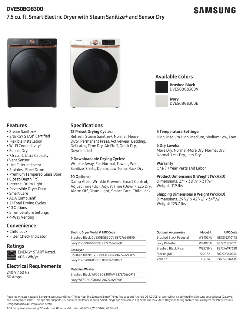 Page 1 de la notice Fiche technique Samsung DVE50BG8300V