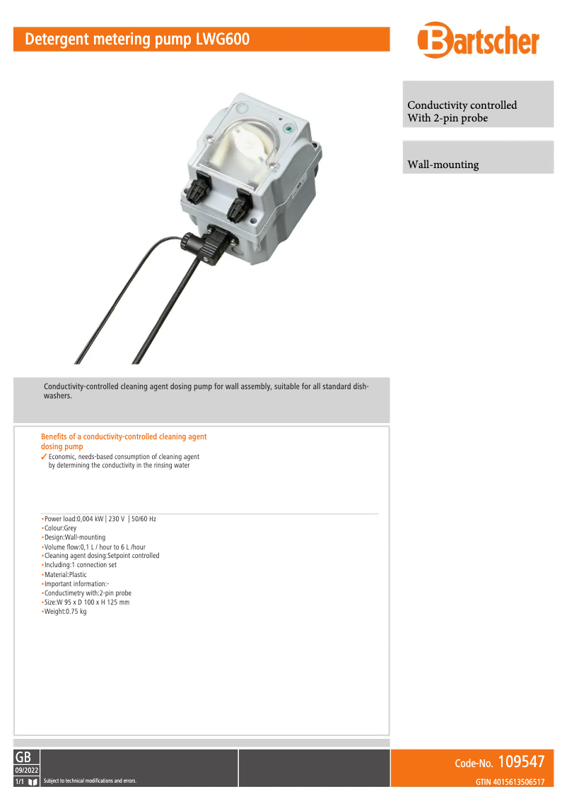 Page 1 de la notice Manuel utilisateur Bartscher LWG600