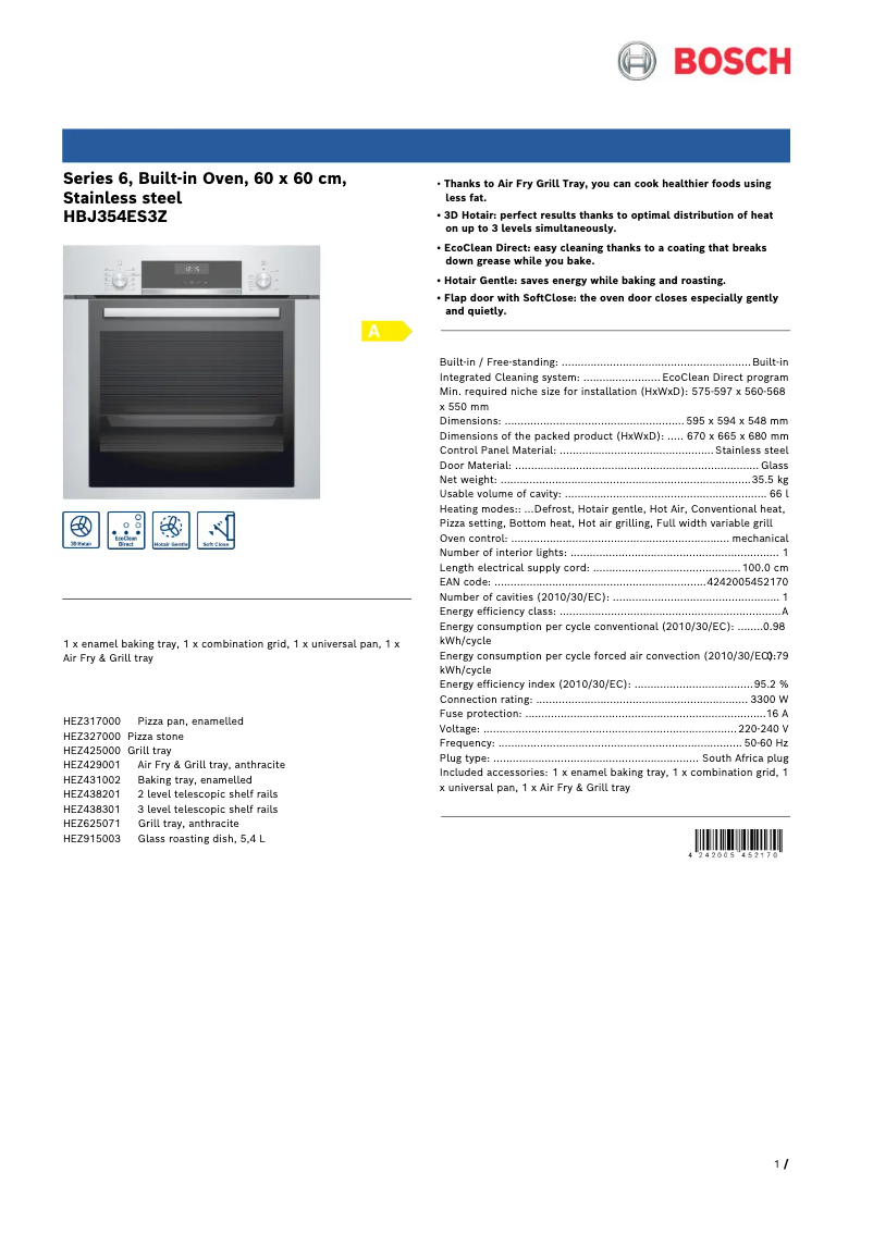 Page 1 de la notice Fiche technique Bosch HBJ354ES3Z