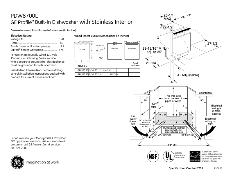 Page 1 de la notice Fiche technique GE Profile PDW8700LBB