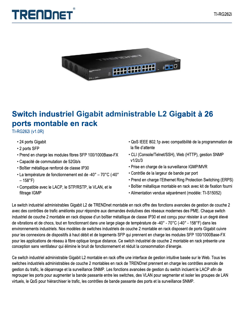 Page 1 de la notice Fiche technique TRENDnet TI-RG262i