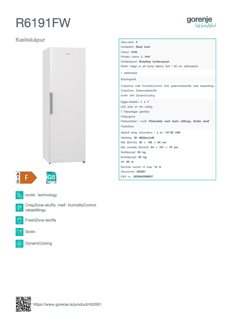 Page n°1 - Fiche technique Gorenje R6191FW