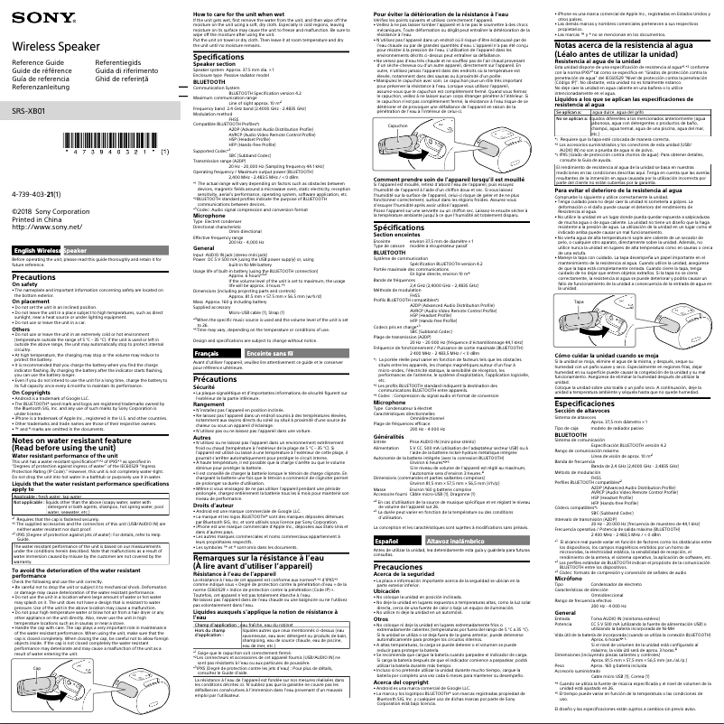 Page 1 de la notice Manuel utilisateur Sony SRS-XB10