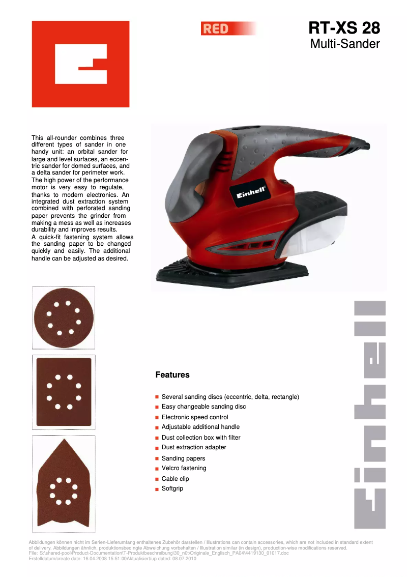 Page 1 de la notice Fiche technique Einhell RT-XS 28