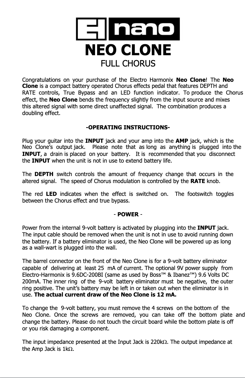 Page 1 de la notice Manuel utilisateur Electro Harmonix Neo Clone