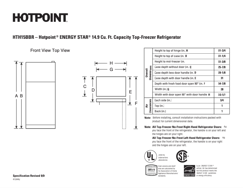 Page 1 de la notice Fiche technique Hotpoint HTH15BBRLCC