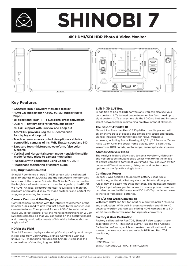 Page 1 de la notice Fiche technique Atomos Shinobi 7