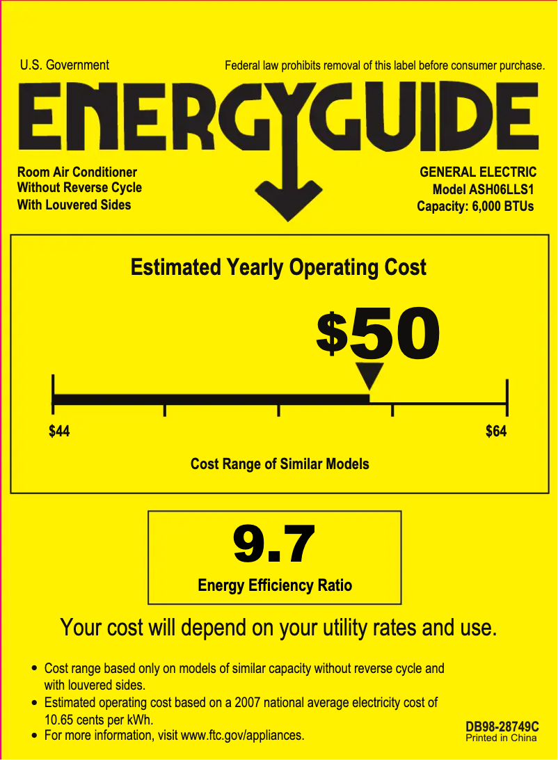 Page 1 de la notice Label énergétique GE ASH06LL