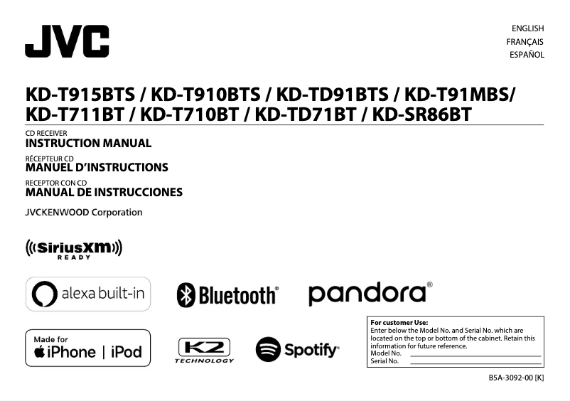 Page n°1 - Manuel utilisateur JVC KD-T915BTS