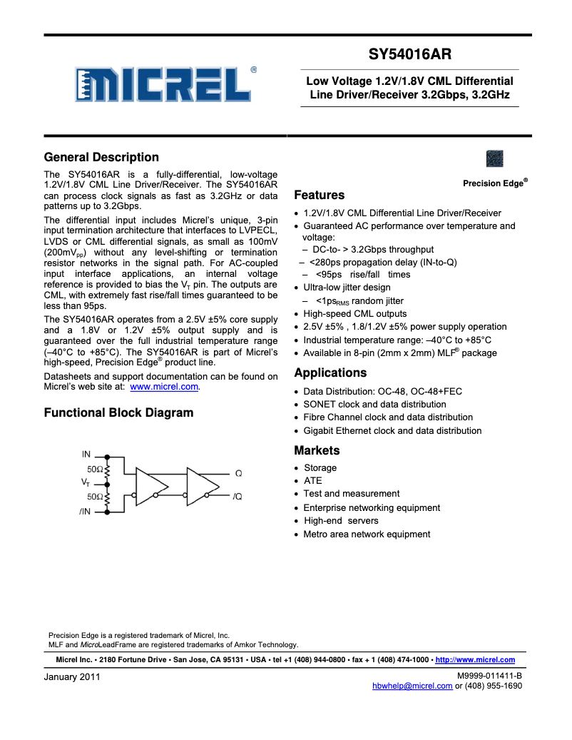 Page 1 de la notice Manuel utilisateur Microchip SY54016AR