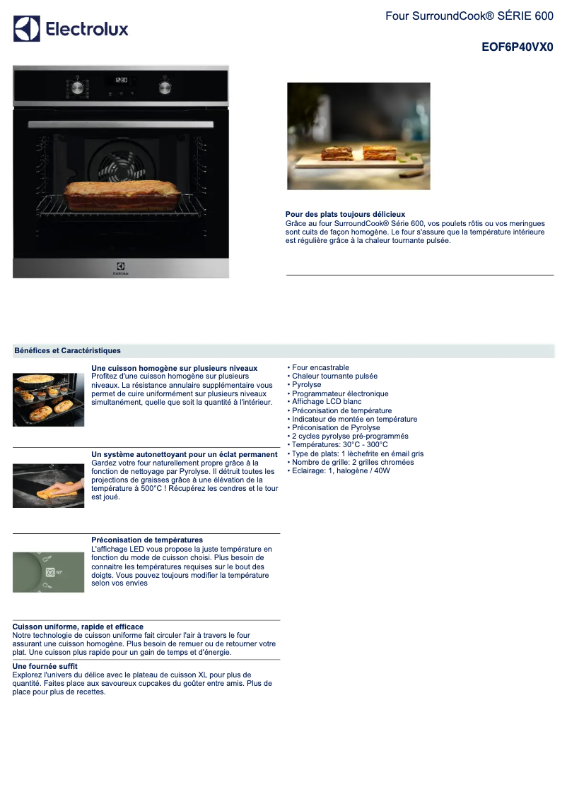 Page 1 de la notice Fiche technique Electrolux EOF6P40VX0