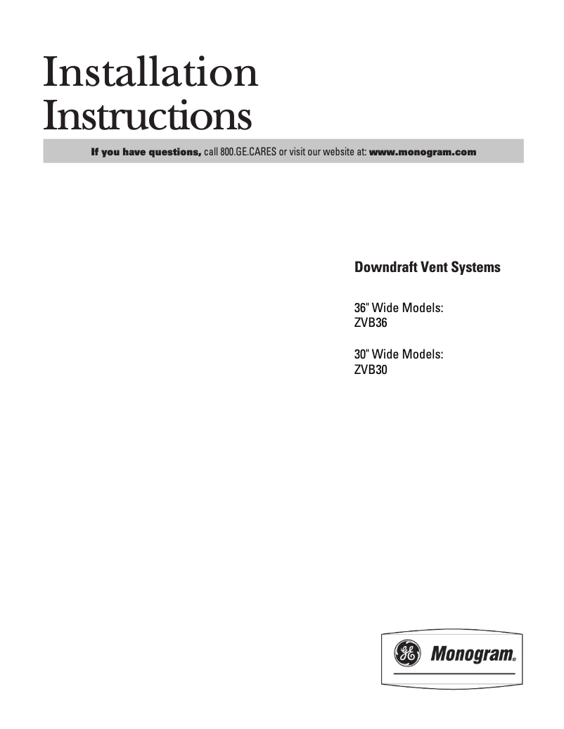Page 1 de la notice Guide d'installation GE ZVB36SHSS