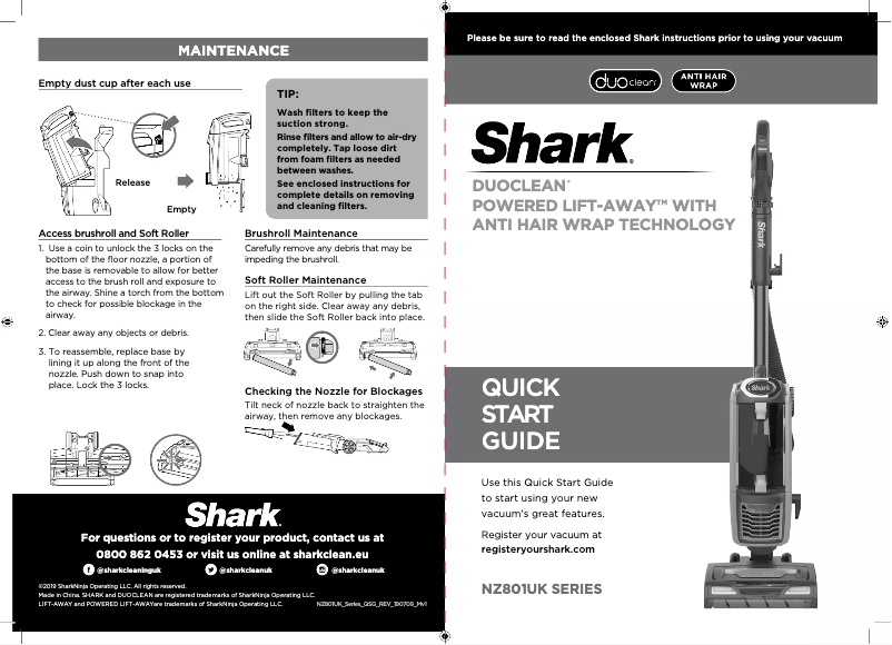 Page 1 de la notice Manuel utilisateur Shark DuoClean Powered Lift-Away NZ801UK