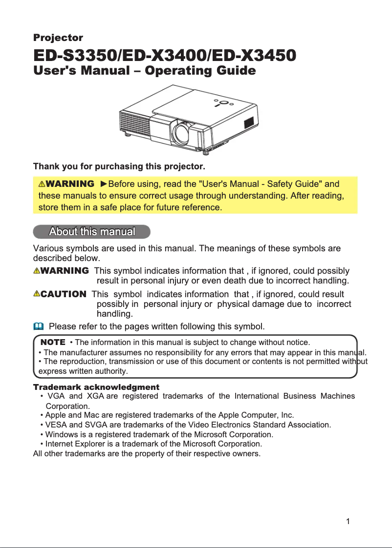 Page 1 de la notice Manuel utilisateur Hitachi ED-X3450