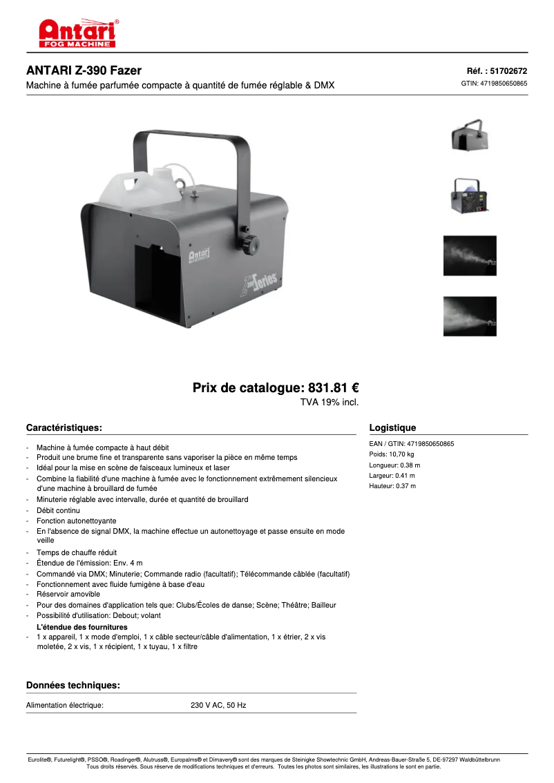 Page n°1 - Fiche technique Antari Z-390