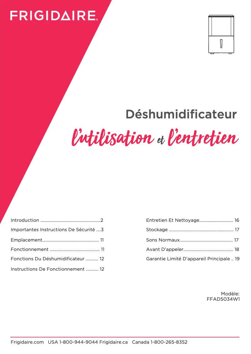 Page 1 de la notice Manuel utilisateur Frigidaire FFAD5034W1