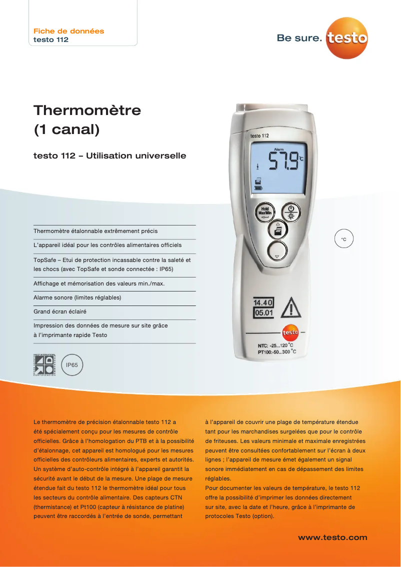 Page 1 de la notice Fiche technique Testo 112