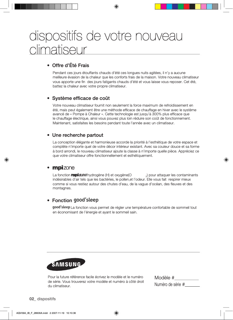 Page 1 de la notice Manuel utilisateur Samsung AQV09AWAN