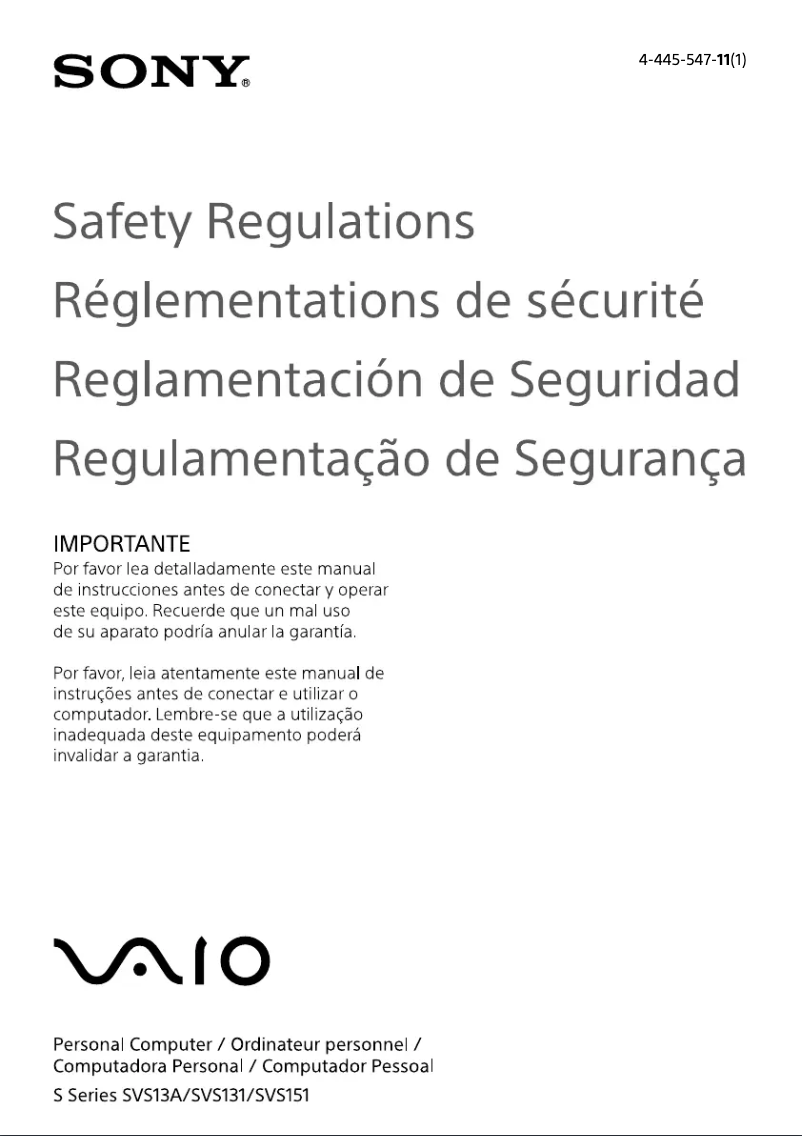 Page n°1 - Instructions de sécurité Sony Vaio SVS131290X