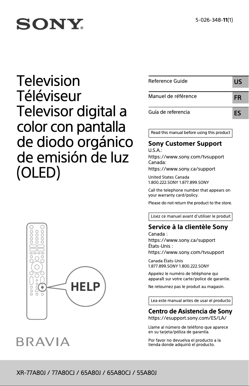 Page 1 de la notice Manuel utilisateur Sony XR-55A80J