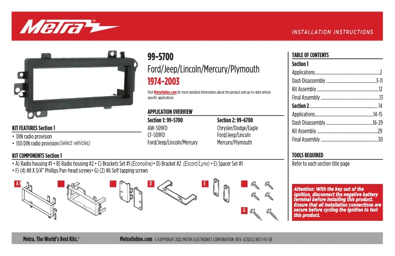 Page n°1 - Guide d'installation Metra 99-5700