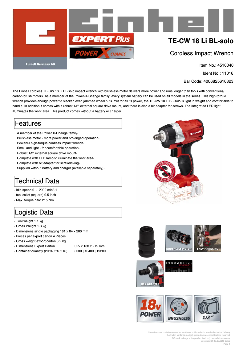 Page n°1 - Fiche technique Einhell TE-CW 18Li BL