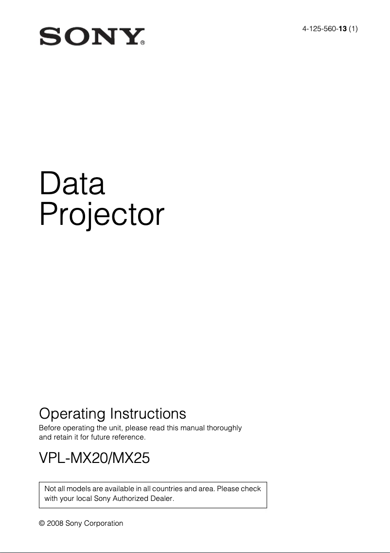 Image de la première page du manuel de l'appareil VPL-MX20