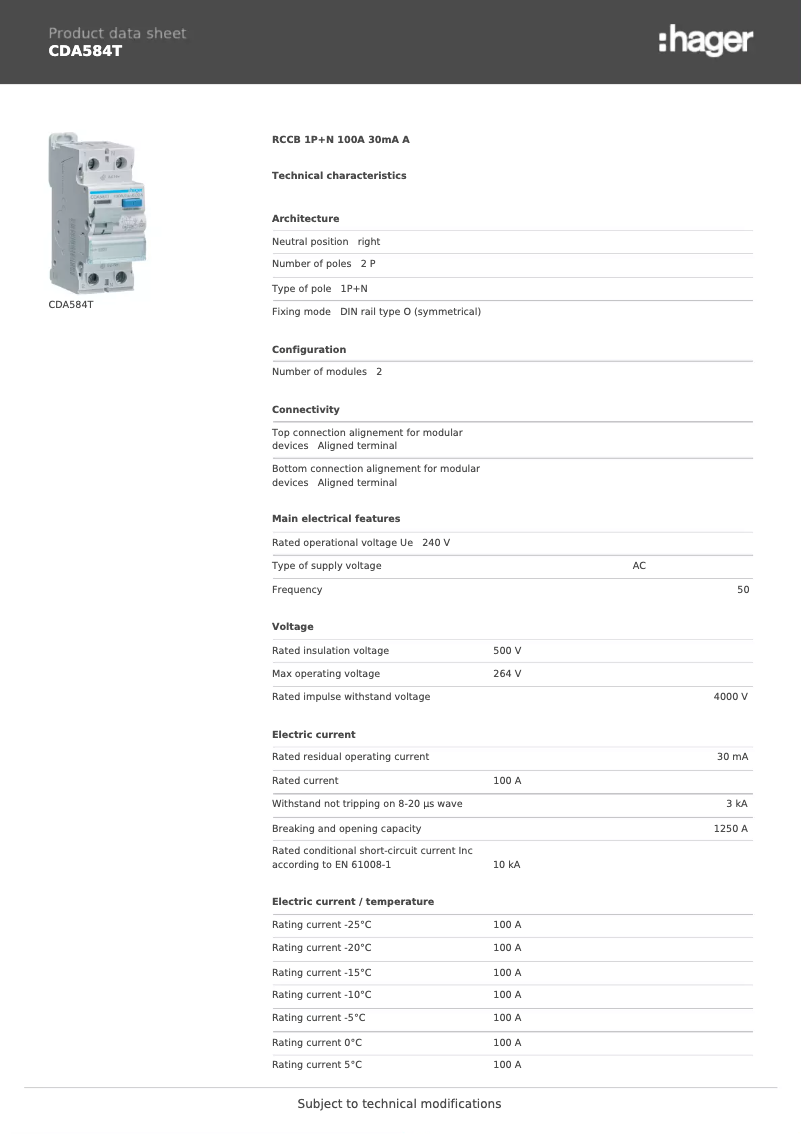 Page n°1 - Fiche technique Hager CDA584T