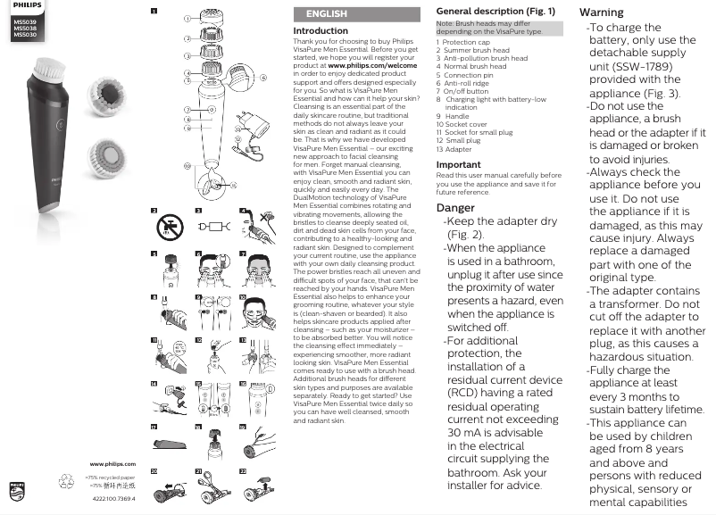 Page 1 de la notice Manuel utilisateur Philips VisaPure MEN Essential MS5038