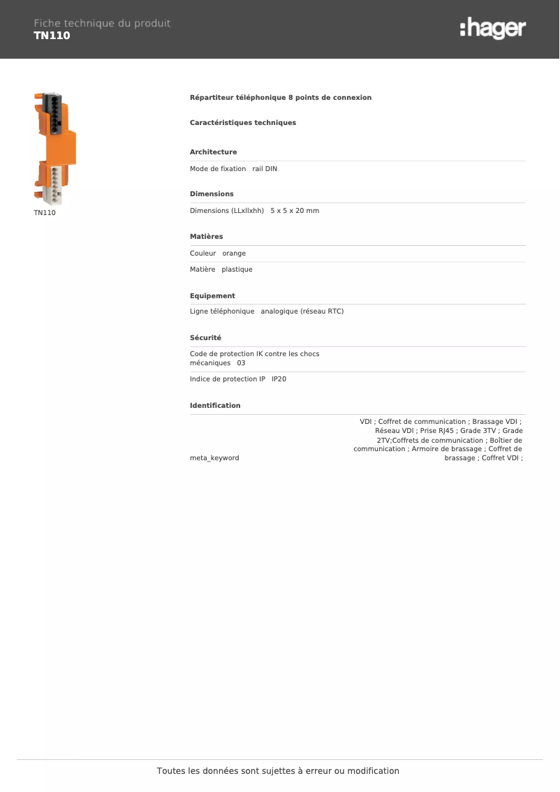 Página 1 del manual Ficha técnica Hager TN110