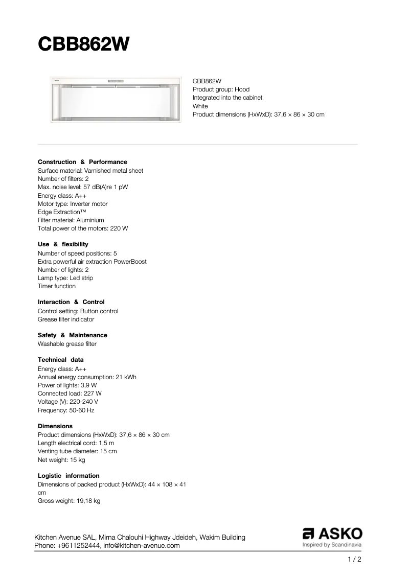 Page 1 de la notice Fiche technique Asko CBB862W