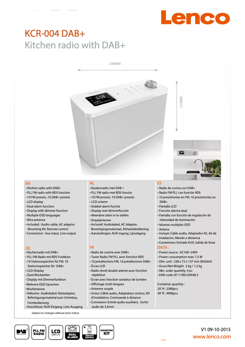 Page 1 de la notice Fiche technique Lenco KCR-004 DAB+