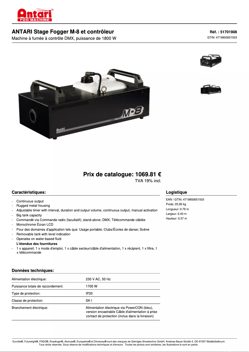 Page 1 de la notice Fiche technique Antari M-8