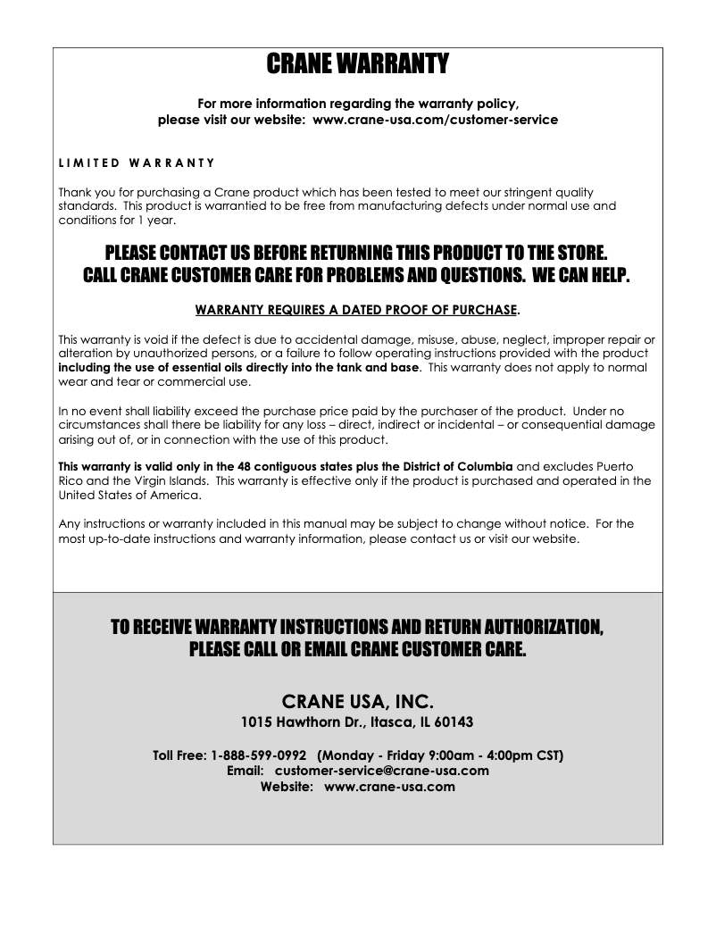 Page 1 de la notice Informations de garantie Crane EE-8619