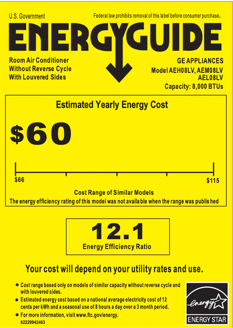 Page 1 de la notice Label énergétique GE AEH08LV