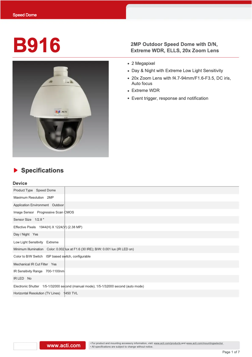 Page 1 de la notice Fiche technique ACTi B916