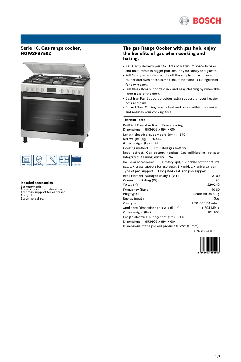 Página 1 del manual Ficha técnica Bosch HGW3FSY50Z